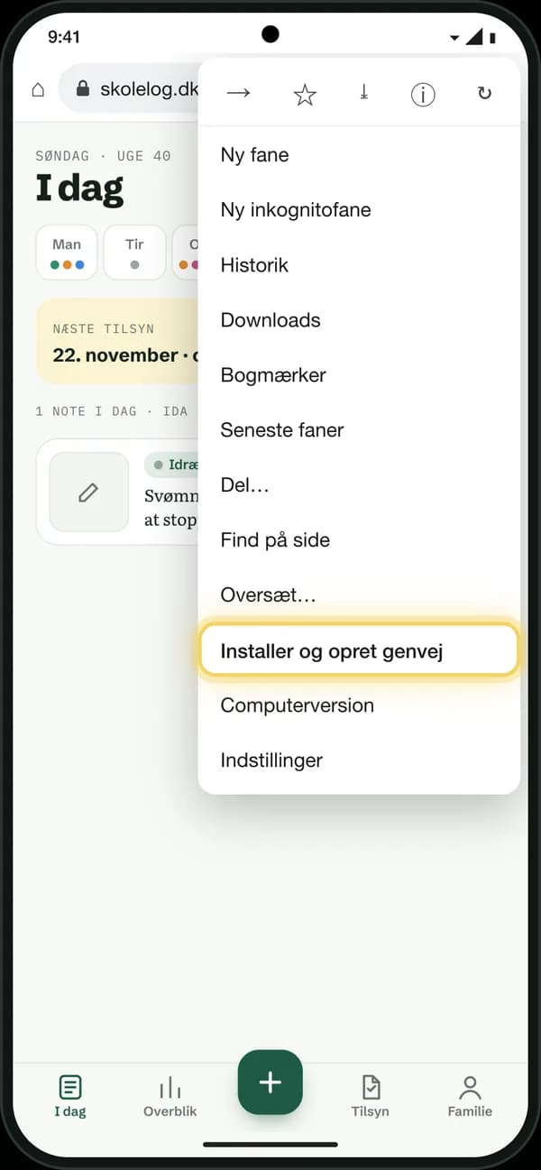 Android, trin 2: Tryk på ⋮ og vælg Installer og opret genvej